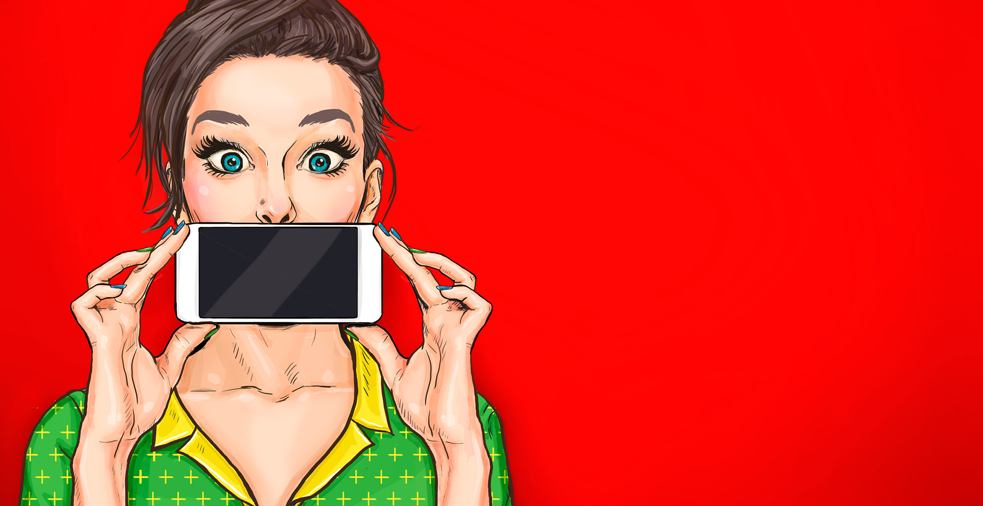 Comic überraschte Frau hält Smartphone vor dem Gesicht