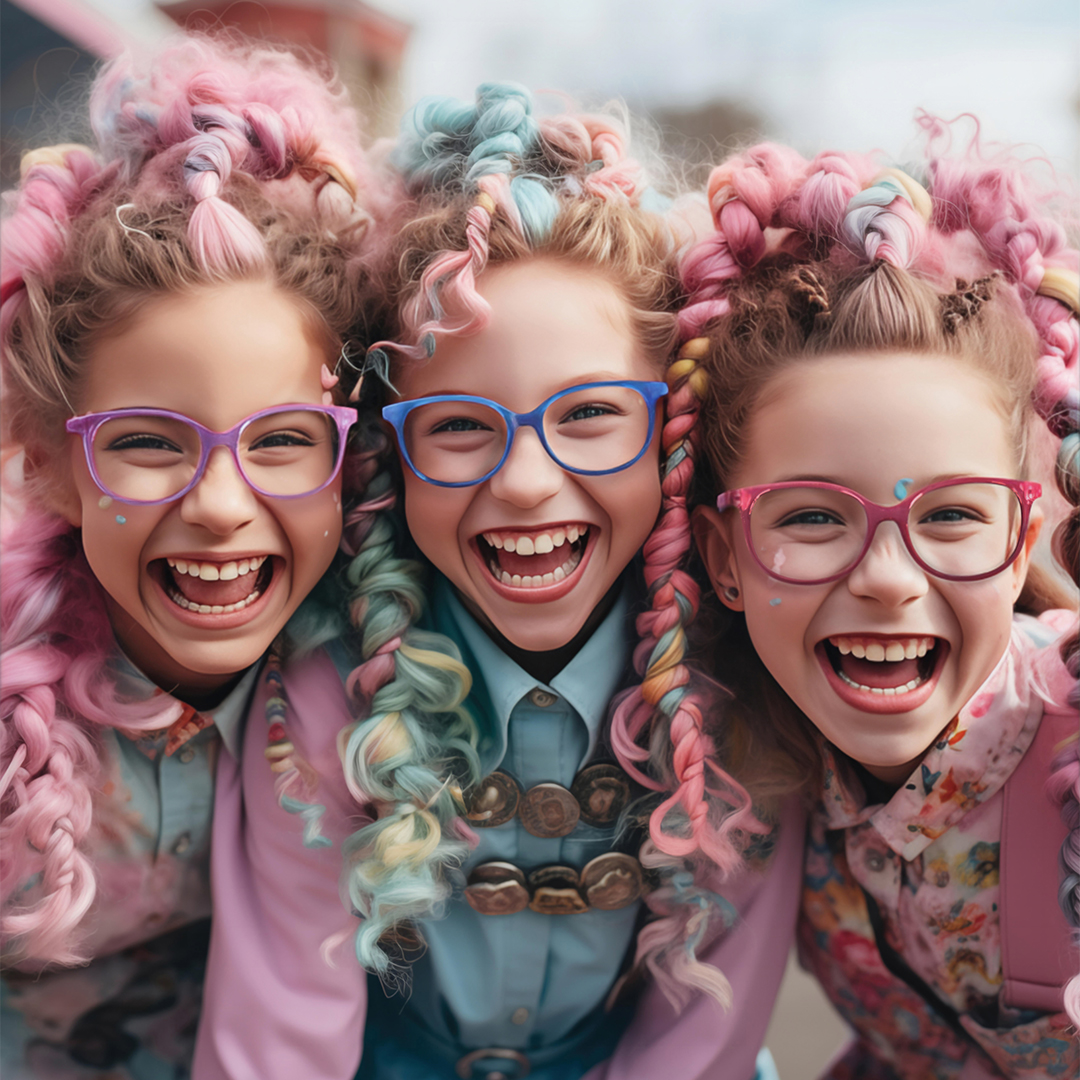 drei Mädchen mit Brille und bunten Haaren